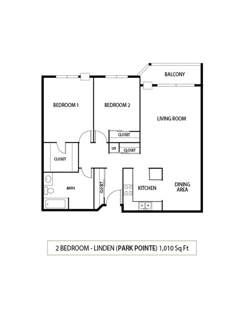 Floor plan for 2 beds, 1 bath, 1010 sqft